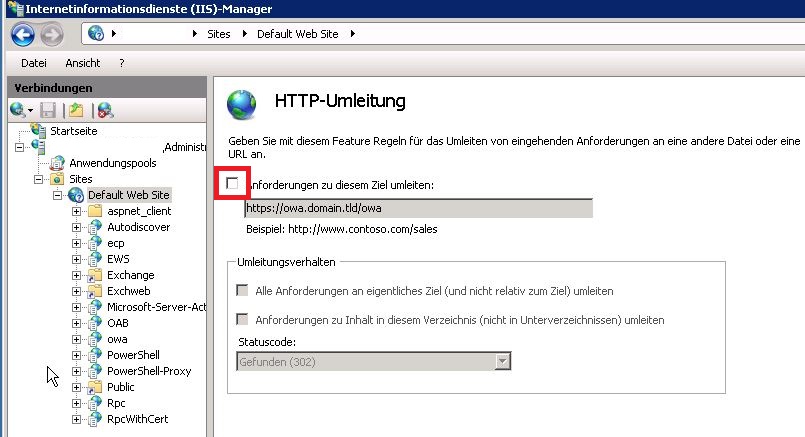 inetmgr HTTP-Umleitung aus